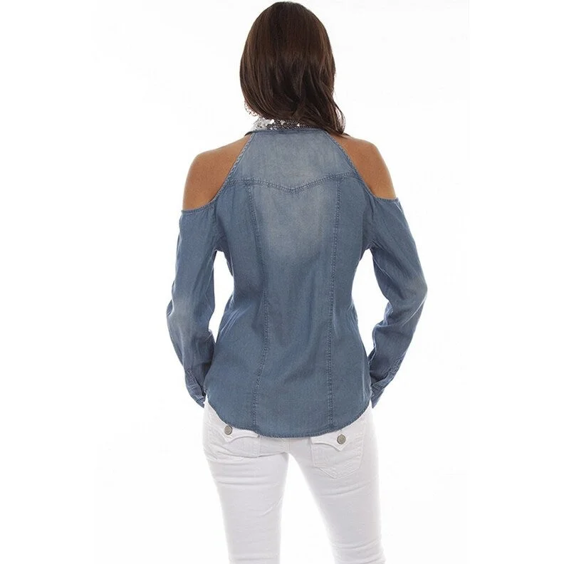 Scully Western Shirt Womens L/S Open Shoulder Sequin Denim F0_HC661 Stylish Women's Tropical Scully Western Shirt Womens L/S Open Shoulder Sequin Denim F0_HC661 Stylish Women's Tropical