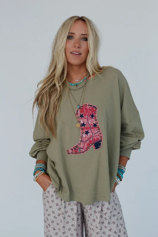Boot Beauty Patched Top - Olive Casual Women's Loose - fitting