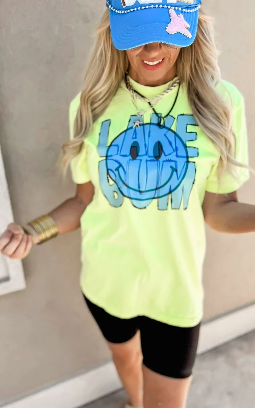 Neon Lemon Lake Bum Smiley Garment Dyed Graphic T-shirt Casual Women's Loose - fitting Casual Women's Loose - fitting Neon Lemon Lake Bum Smiley Garment Dyed Graphic T-shirt Casual Women's Loose - fitting Casual Women's Loose - fitting