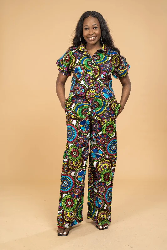 Adiza Ankara Short Sleeve Shirt |Green and Blue Multicoloured African Print Dynamic Women's Moto