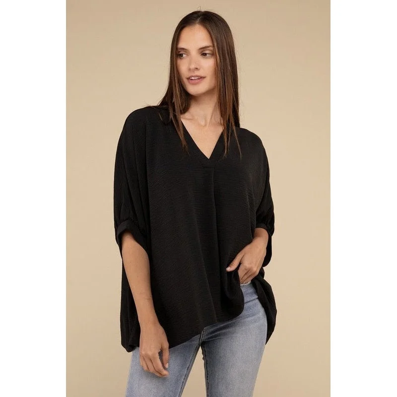 Woven Airflow VNeck Puff Half Sleeve Top Sleek Women's Metallic Sleek Women's Metallic
