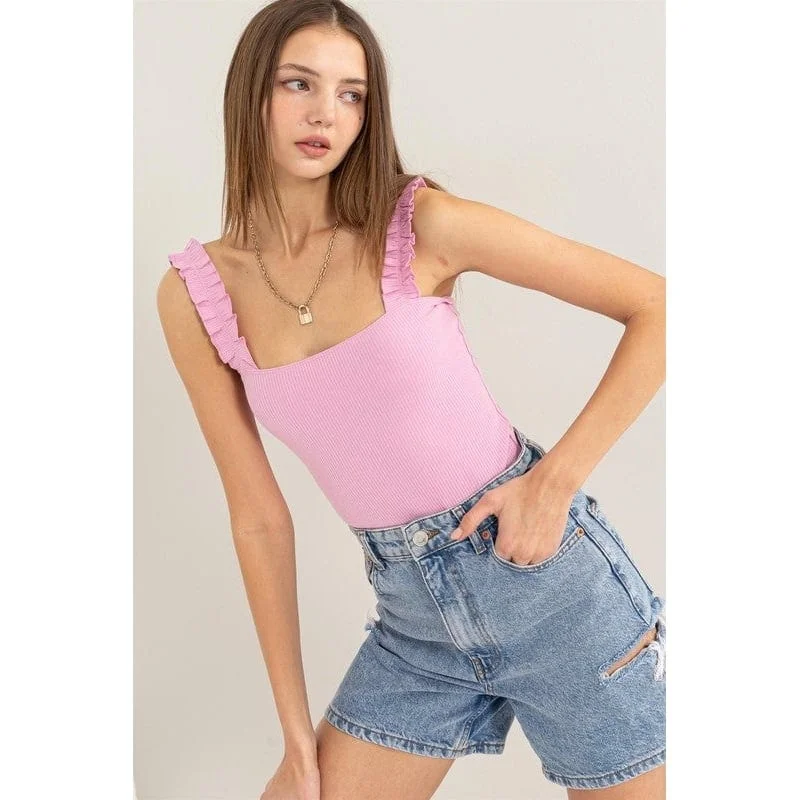 Ribbed Ruffle Strap Bodysuit Polished Women's Silk Polished Women's Silk