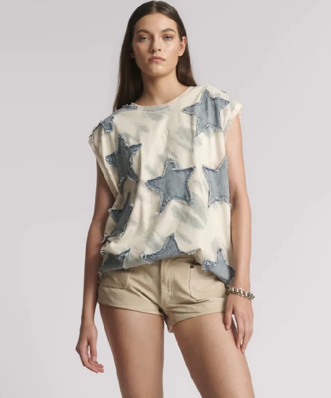 One Teaspoon - Denim Star Tie Dye Oversized Tank Top - Ivory / Blue Edgy Women's Punk Edgy Women's Punk