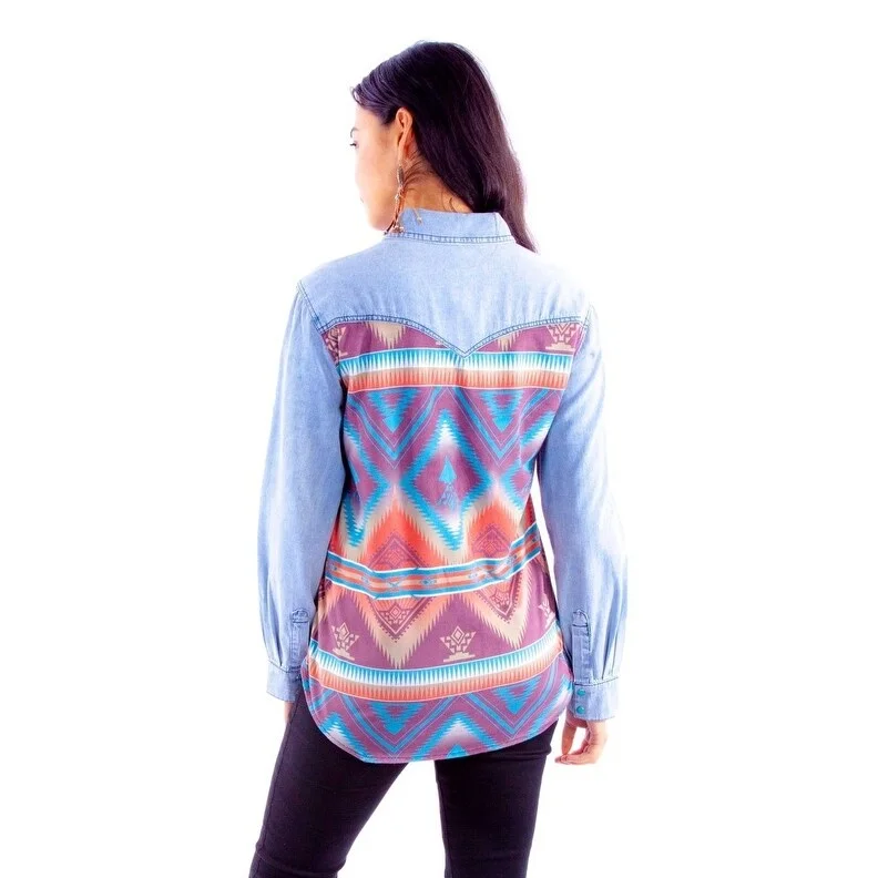 Scully Western Shirt Womens L/S Aztec Print Yoke Snap Denim F0_HC916 Contemporary 