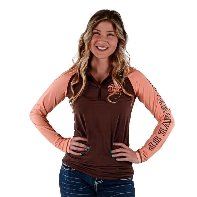 Cowgirl Tuff Western Shirt Womens L/S Tee 1/4 Zip Brown Coral 100549 Polished Women's Silk Cowgirl Tuff Western Shirt Womens L/S Tee 1/4 Zip Brown Coral 100549 Polished Women's Silk