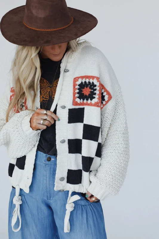 Flower Check Hoodie Top - Cream Cool Women's Distressed