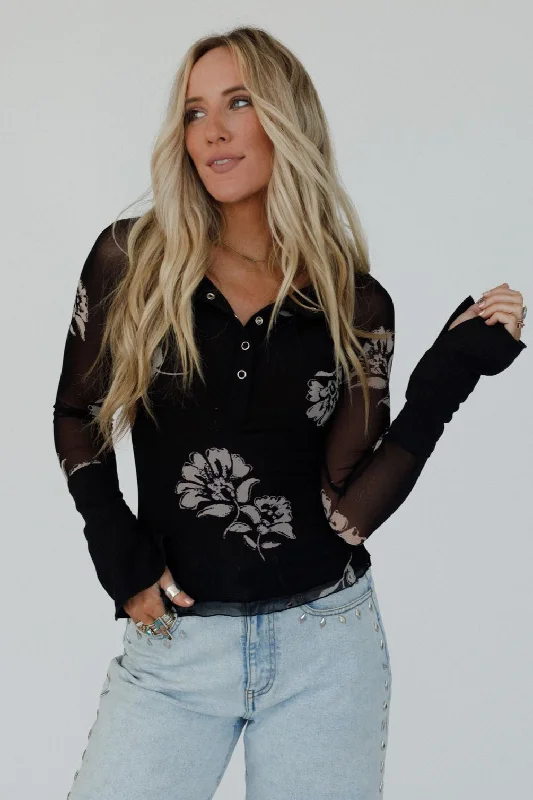 Vivid Garden Mesh Henley Top - Black Monochromatic Office Style