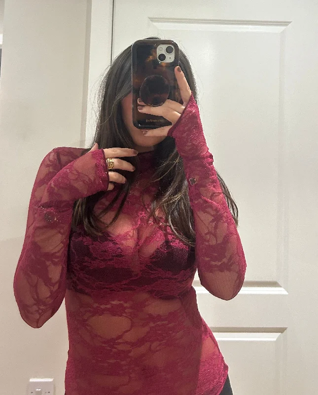 Wine Lace Mesh Top Laid - back Women's Style
