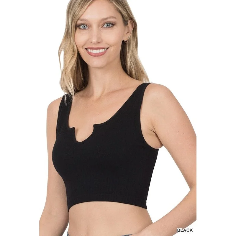 Ribbed Seamless Split Neck Crop Top Women Women