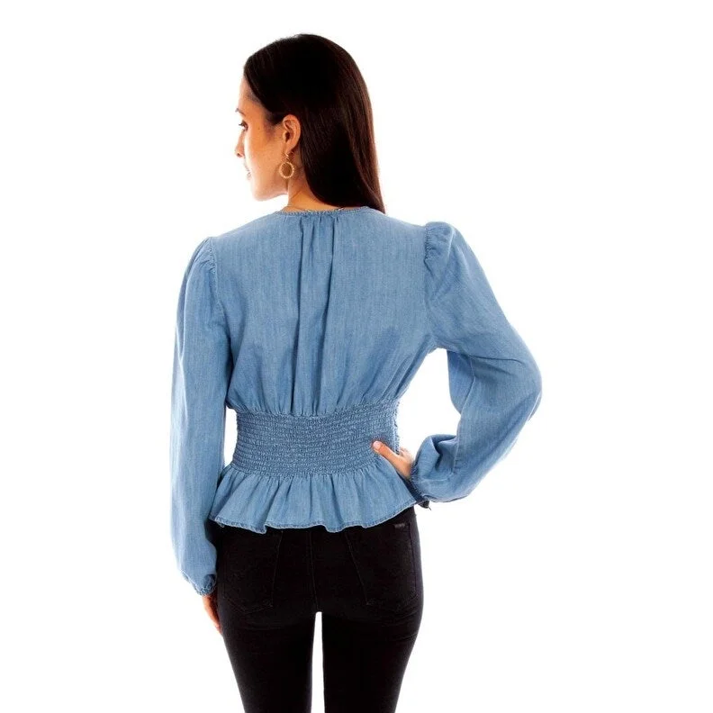 Scully Western Shirt Womens L/S Peplum Back Smocking Denim F0_HC849 Laid - back Women's Vibe