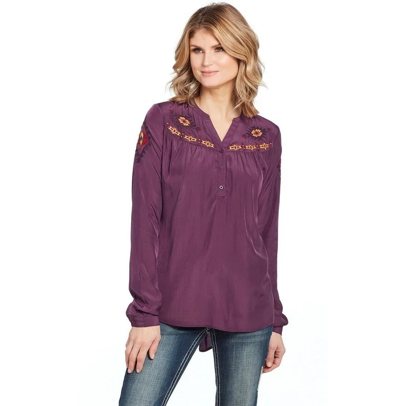Cowgirl Up Western Shirt Womens L/S Geometric Henley Purple CG01102 Modern Women's 