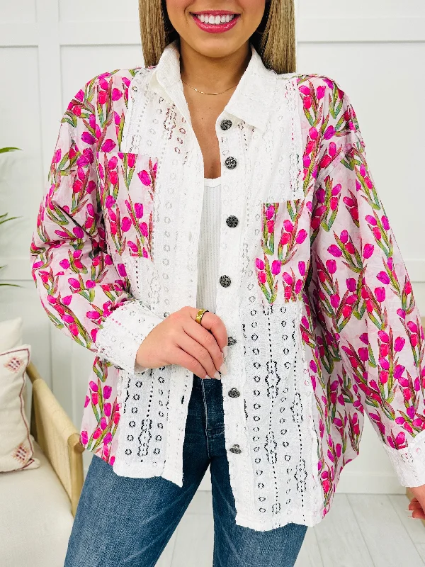 Swaying Palms Top In Pink Multi Cozy Women's Sherpa - lined