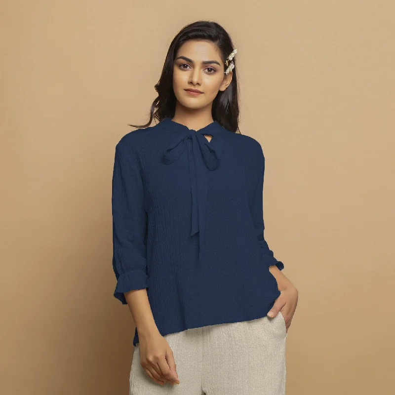 Navy Blue Crinkled Cotton Flax Boho Tie-Neck Top Unique Women's Upcycled