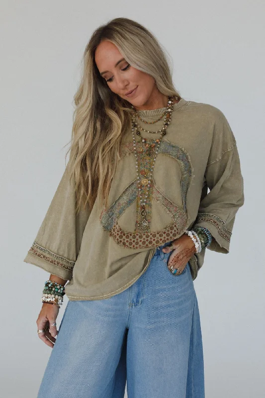 Josephine Peace Patchwork Top - Olive Earthy Women's Hemp - based