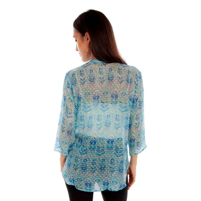 Scully Western Shirt Womens 3/4 Sleeve Textured Feather Sky F0_HC890 Stylish Women's Tropical  Stylish Women's Tropical 