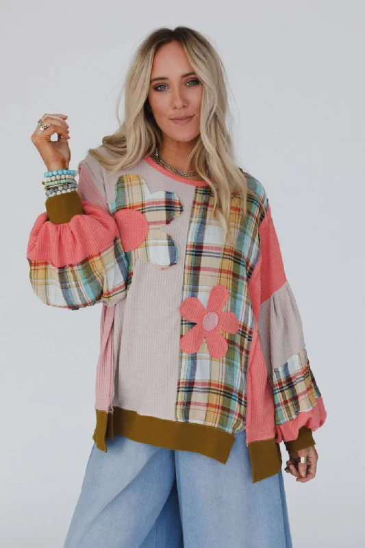 Daisy Joy Mix Print Top - Coral Luxurious Women's High -  end