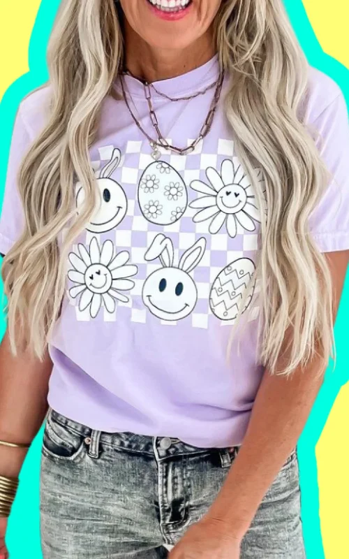 Lavender Easter Graphic T-shirt** Preppy Women's College Preppy Women's College