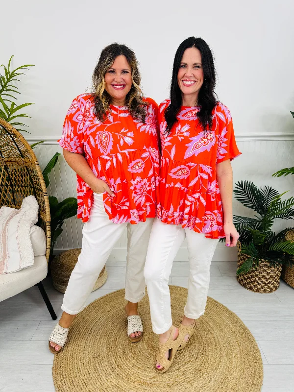 Floral Fiesta Top In Hot Coral Feminine Women's Style  Feminine Women's Style 