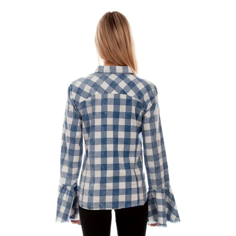 Scully Western Shirt Womens L/S Plaid Bell Sleeve Blue F0_HC753 Bohemian Women's Free Scully Western Shirt Womens L/S Plaid Bell Sleeve Blue F0_HC753 Bohemian Women's Free