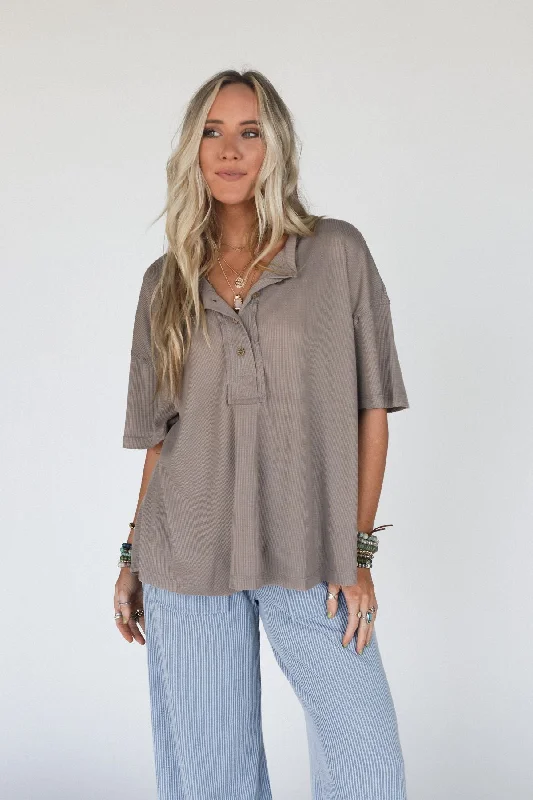 The Nest Soft Plume Henley Top - Mocha Sophisticated Women's Tailored