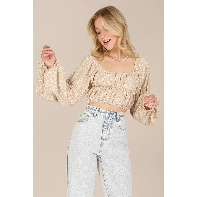 Ls Square Neck Floral Crop Top Preppy Women's College Preppy Women's College
