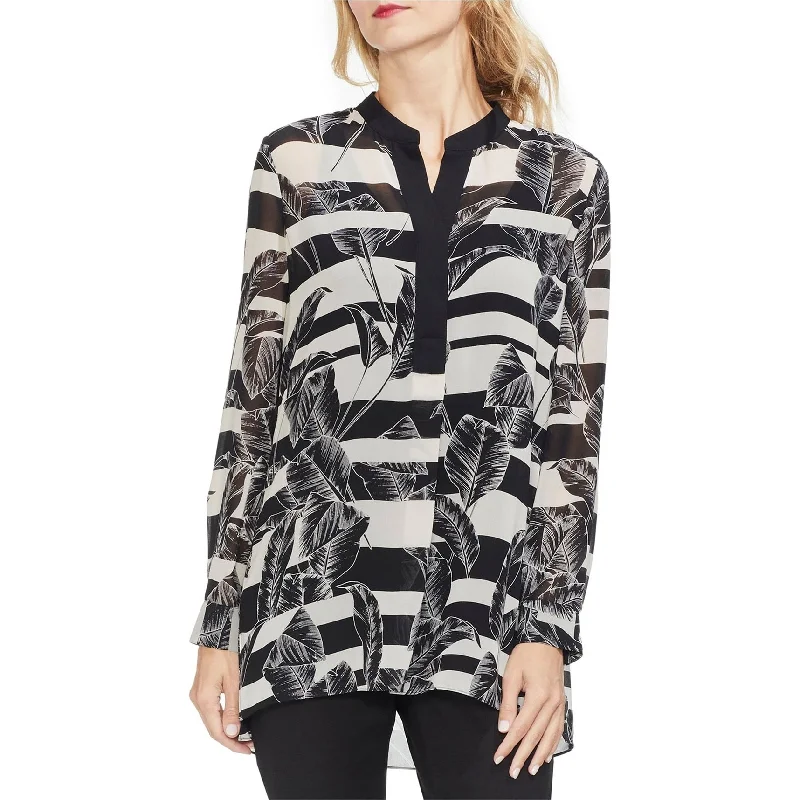 Vince Camuto Womens Tropical Split Neck Pullover Blouse, Black, Medium Elegant Women's 