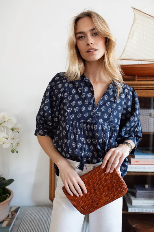 Steph Top - Navy Mini Meadow Polished Women's Silk Polished Women's Silk