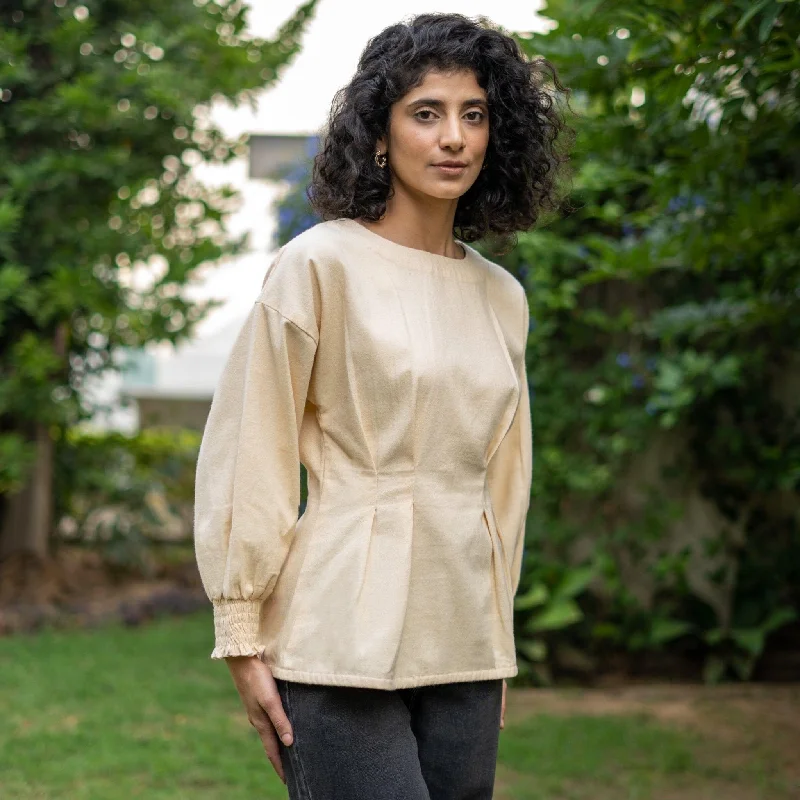 Beige Warm Cotton Flannel Pleated Drop Shoulder Full Sleeve Top Artistic Women's Hand - painted