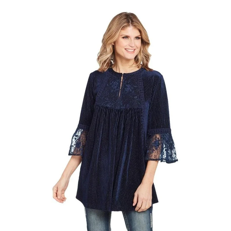 Cowgirl Up Western Shirt Womens 3/4 Sleeve Velvet Lace Navy CG01203 performance