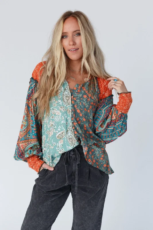 Danielle Mixed Floral Printed Top - Mint Artistic Women's Hand - painted Artistic Women's Hand - painted