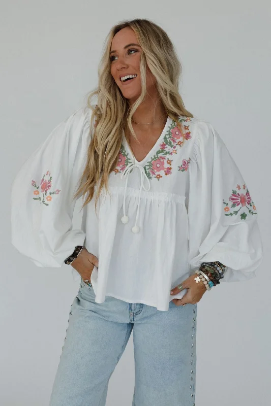 Whimsy Rose Embroidered Top - Ivory Monochromatic All - in - one