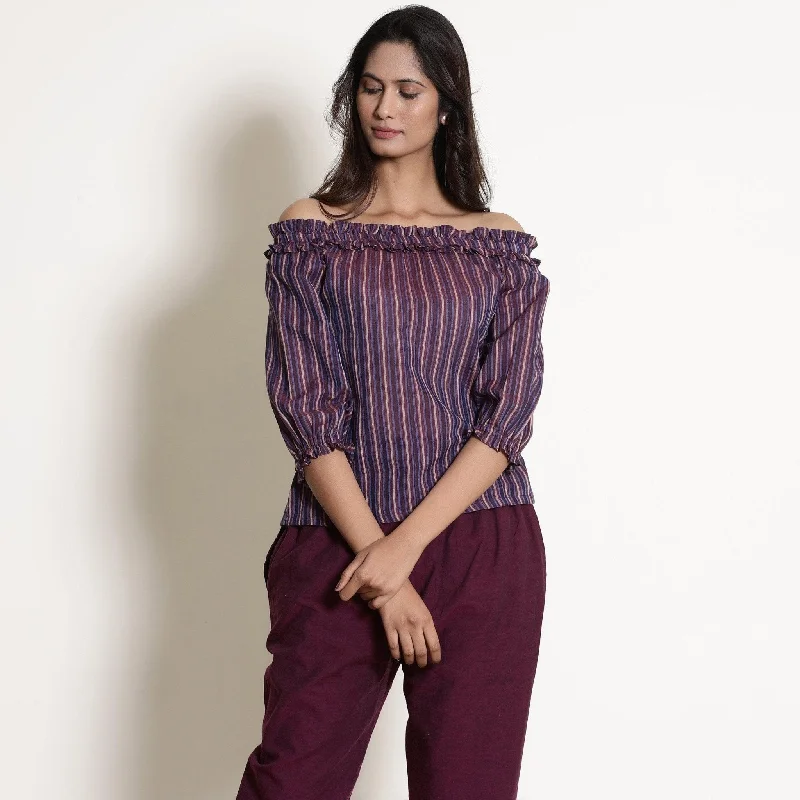 Berry Wine Striped Cotton Off-Shoulder Frilled Top Disco