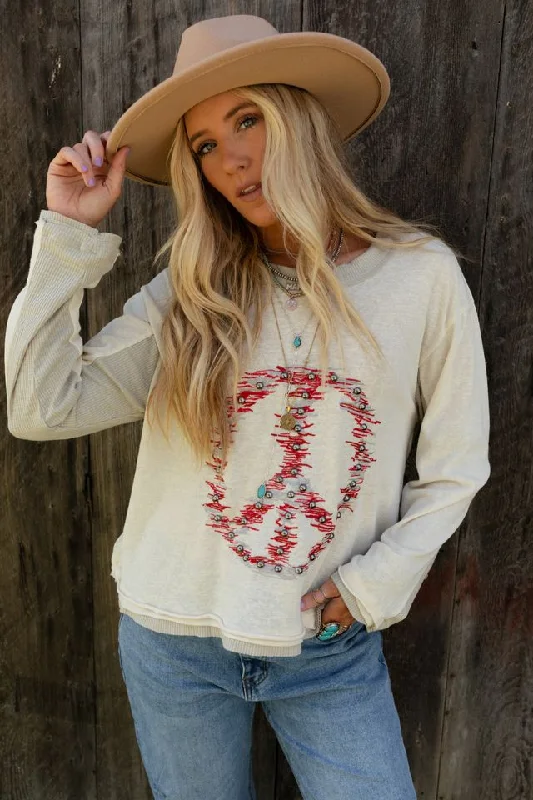 Peace Maker Embroidered Top - Cream Classic Women's Pin - striped Classic Women's Pin - striped