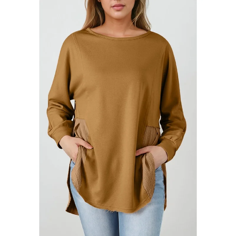 Dahlia Crinkle Splicing Raw Hem High Low Oversized Blouse Laid - back Women's Vibe