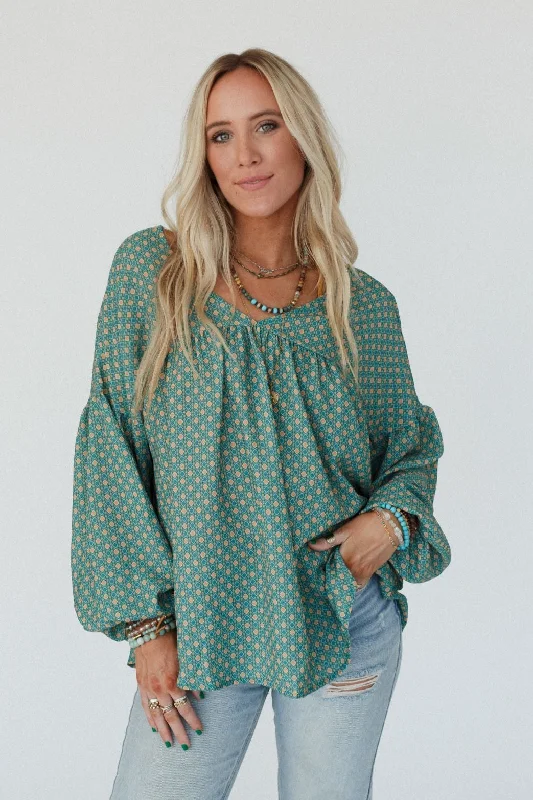 The Nest Kendrix Printed Top - Teal Traditional Women's Wool Traditional Women's Wool