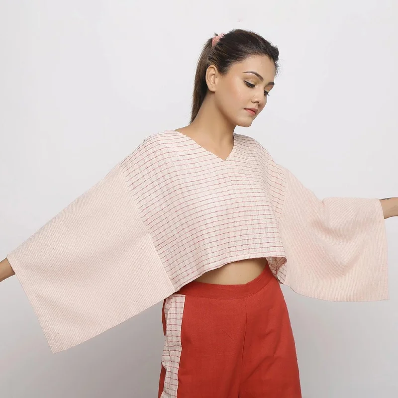 Beige and Pink Vegetable Dyed Handspun Cotton V-Neck Crop Top Dynamic Women's High - energy Beige and Pink Vegetable Dyed Handspun Cotton V-Neck Crop Top Dynamic Women's High - energy