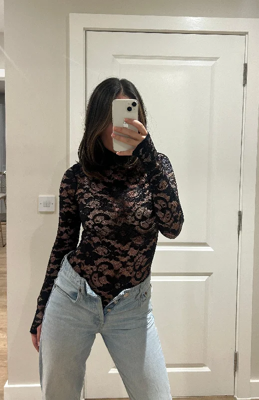Black Polar Neck Bodysuit Trendy Women's 