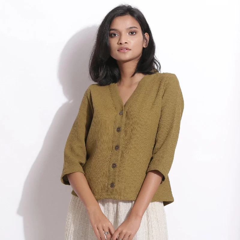 Olive Green Warm Cotton Waffle Button-Down Top Trendy Women's Oversized