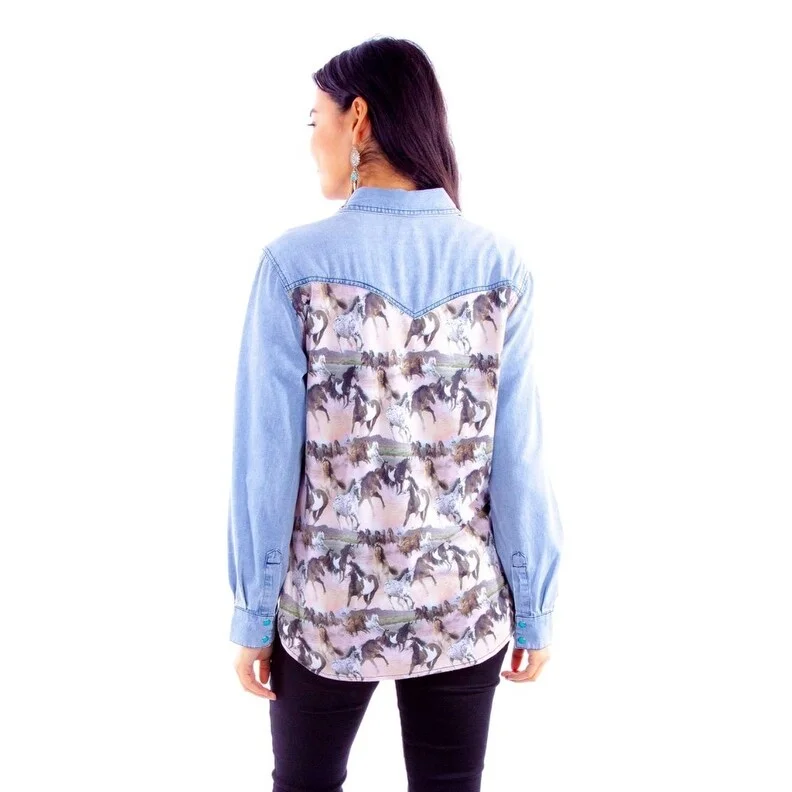 Scully Western Shirt Womens L/S Horse Yoke Snap Front Denim F0_HC915 Bold Women's Statement Scully Western Shirt Womens L/S Horse Yoke Snap Front Denim F0_HC915 Bold Women's Statement