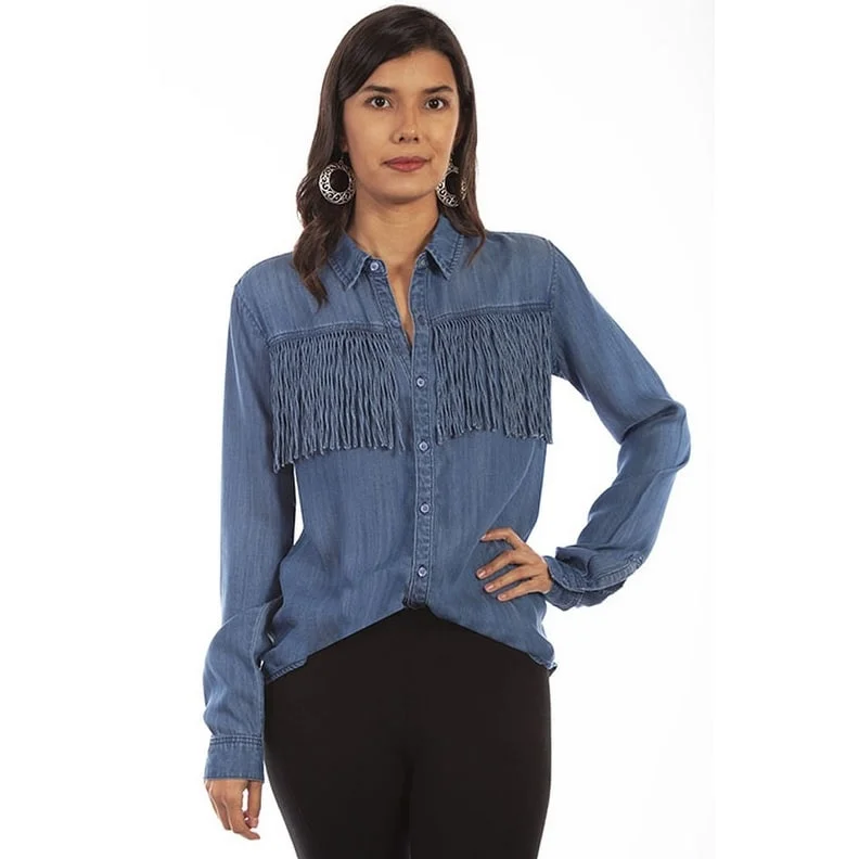 Scully Western Shirt Womens L/S Button Fringe Denim F0_HC641 Streetwear Style for 