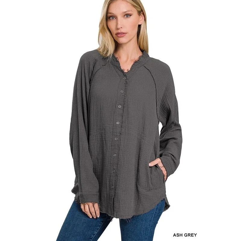 Button Down Raw Edge Shirt Trendy Women's  Trendy Women's 