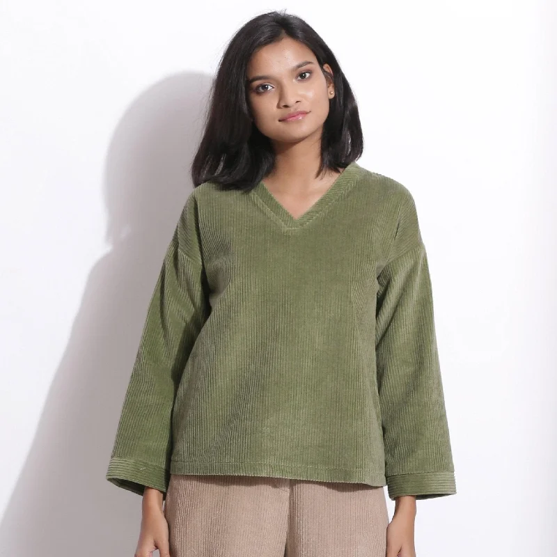 Sage Green Warm Cotton Corduroy V-Neck Top Practical Women's Multi - 