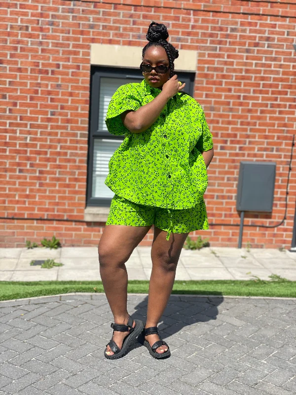 Alina Ankara Short Sleeve Shirt | Green African Print Dapper Women's Bow - adorned