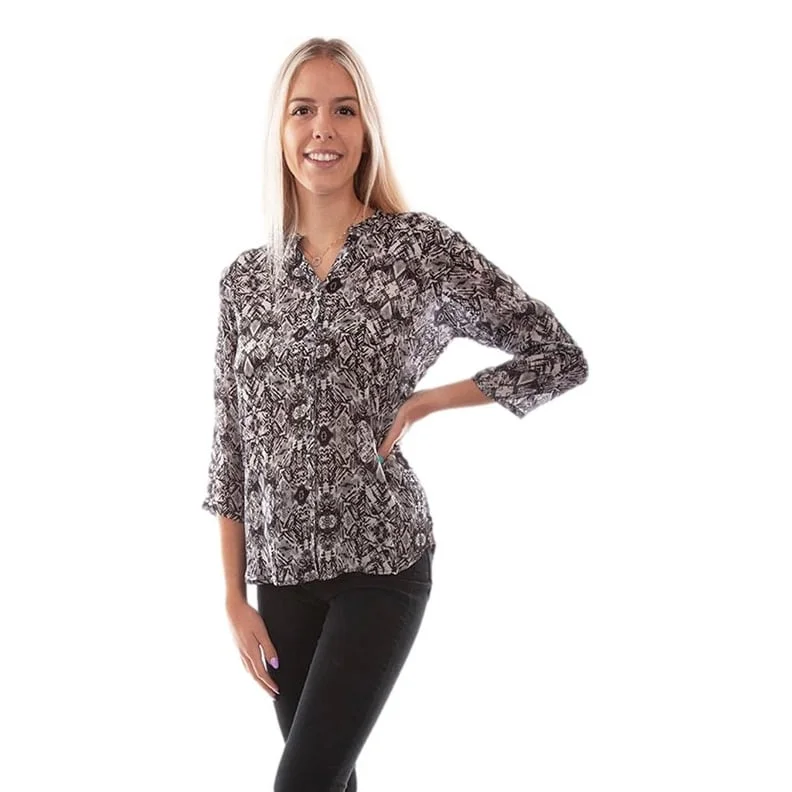 Scully Western Shirt Womens L/S Mandarin Collar Natural Crepe F0_HC787 Trendy Women's Oversized Trendy Women's Oversized