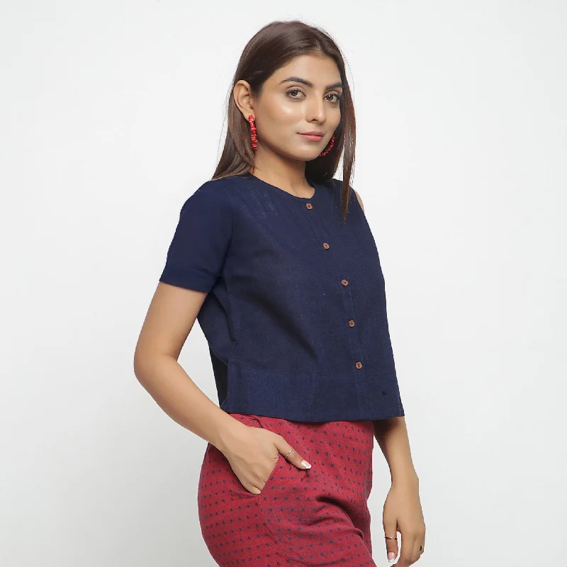 Navy Blue Cotton Flax Button-Down Short Sleeves Shirt Cozy Women's Winter