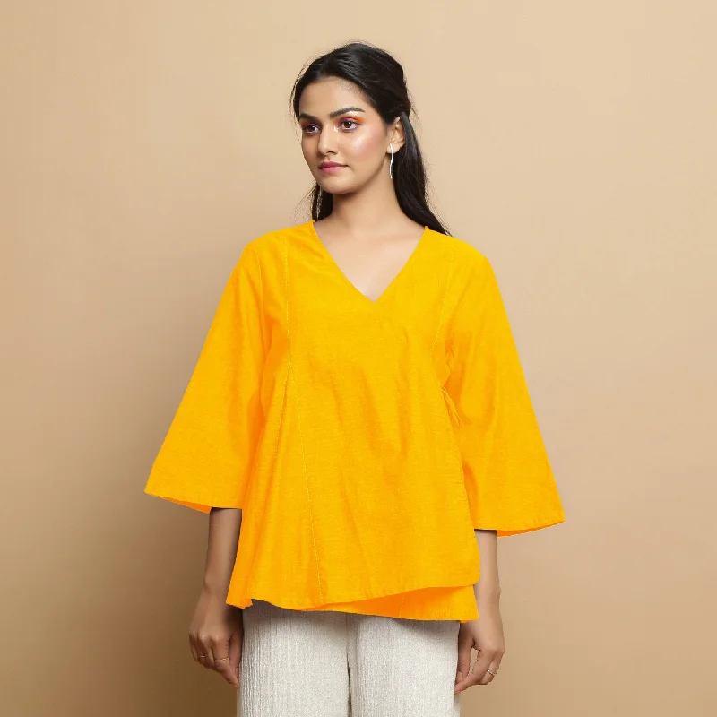 Golden Yellow Embroidered Cotton Poplin Asymmetrical Godet Top Laid - back Women's Style Golden Yellow Embroidered Cotton Poplin Asymmetrical Godet Top Laid - back Women's Style
