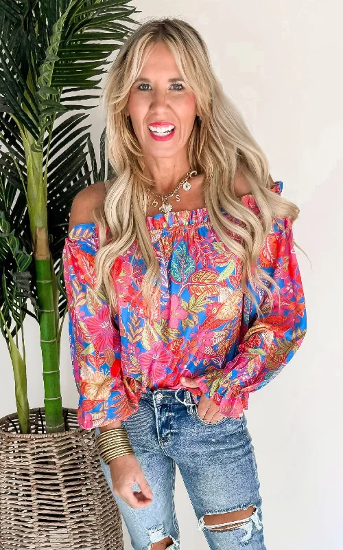 It's Paradise Off the Shoulder Printed Blouse Top - Final Sale Monochromatic Office Style Monochromatic Office Style It's Paradise Off the Shoulder Printed Blouse Top - Final Sale Monochromatic Office Style Monochromatic Office Style