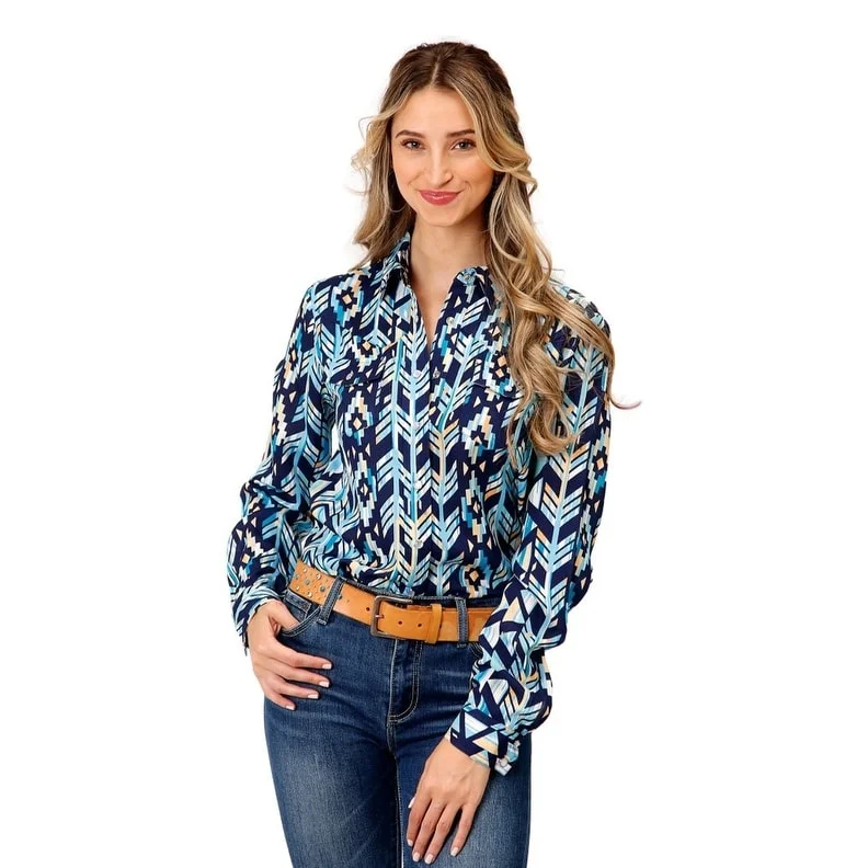 Roper Western Shirt Womens L/S Aztec Blue 03-050-0590-2048 BU Trendy Women's Oversized