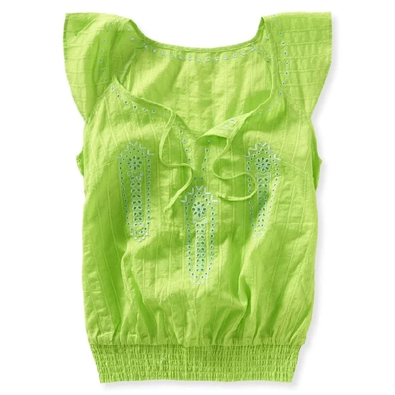 Aeropostale Womens Bright Embroidered Peasant Knit Blouse, Green, X-Small Scandinavian Scandinavian