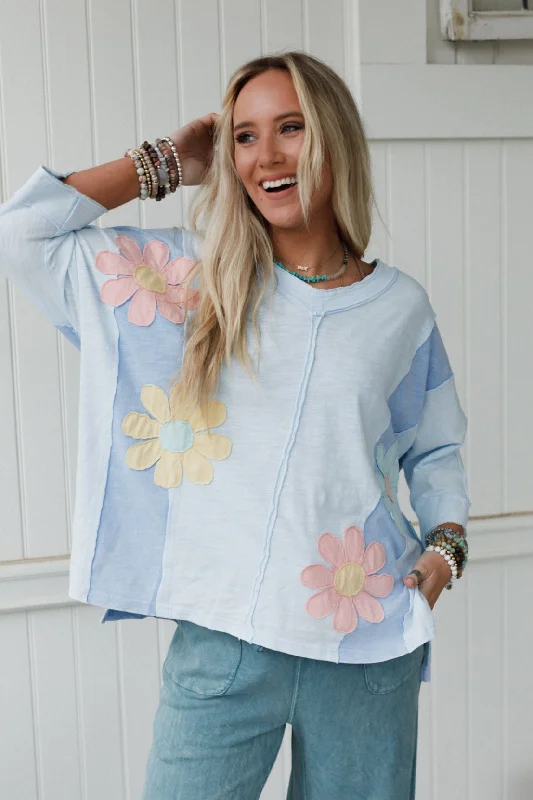 Chasing Bliss Flower Patch Top - Blue Unique Women's Upcycled